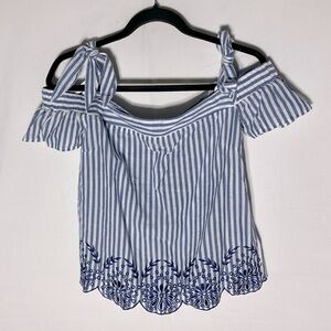 Guess Blue White Striped Off Shoulder Eyelet Trim Top M